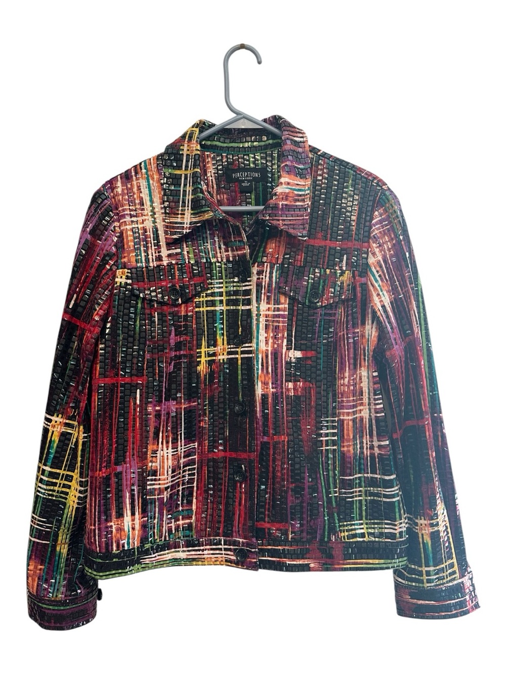 Vintage Y2K Perceptions Multi-Color Reflective Design Jean Style Jacket 16